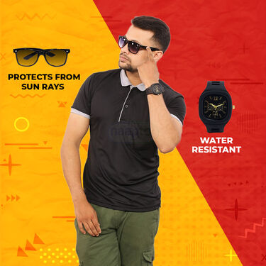 Pack Of 5 Collar T-Shirts With Pocket With 1 Watch + Aluminum Wallet + Sunglass (5PTW-2)