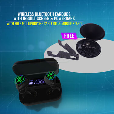 Wireless Bluetooth Earbuds With inbuilt Screen & Powerbank With Free Multipurpose Cable Kit & Mobile Stand (TWS65)
