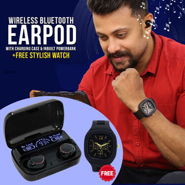 Wireless Bluetooth Earpods with Inbuilt Powerbank + Stylish Watch (TWS28)